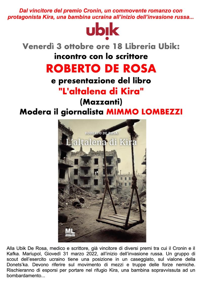 Locandina della presentazione del libro L'altalena di Kira alla libreria Ubik di Savona
