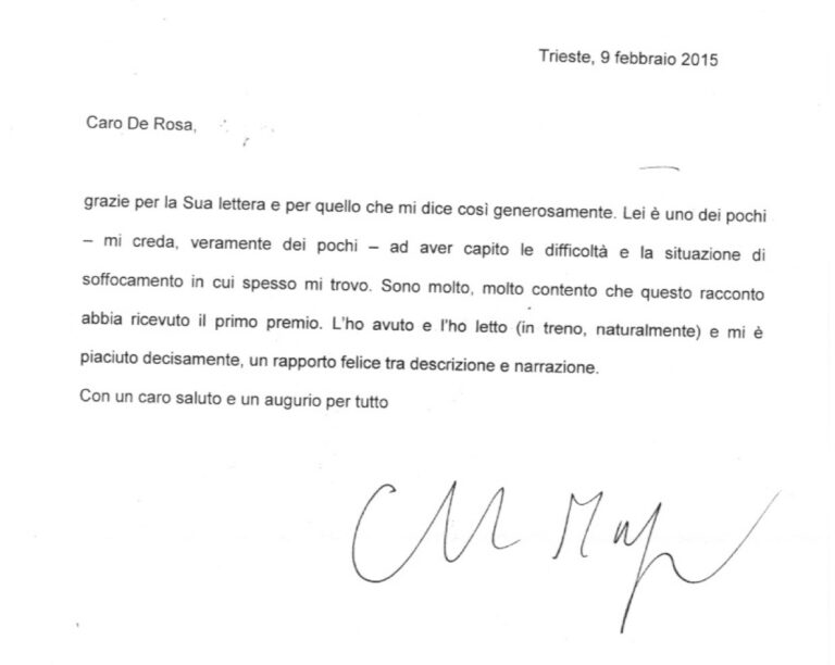 Lettera Claudio Magris a Roberto De Rosa 2015